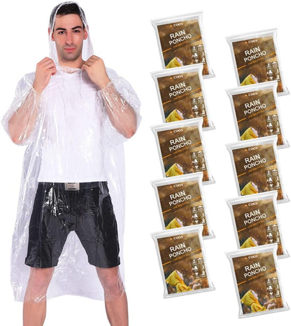 Rain Ponchos,with Drawstring Hood （10 Pack） Emergency Disposable Rain Ponchos Family Pack for Adults,Clear