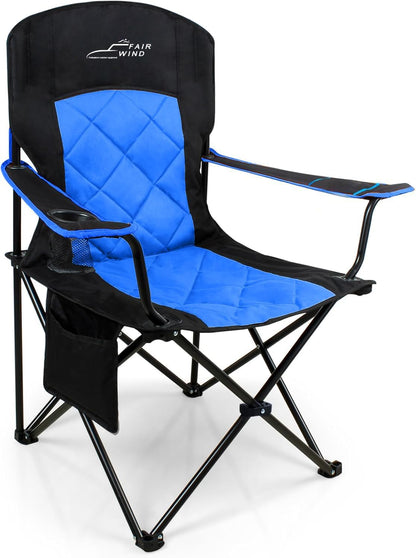 FAIR WIND Oversized Fully Padded Camping Chair, Heavy Duty Quad Fold Arm Chair Support 350 LBS with Cup Holder, Collapsible Lumbar Back Chair Portable for Outdoor, Blue