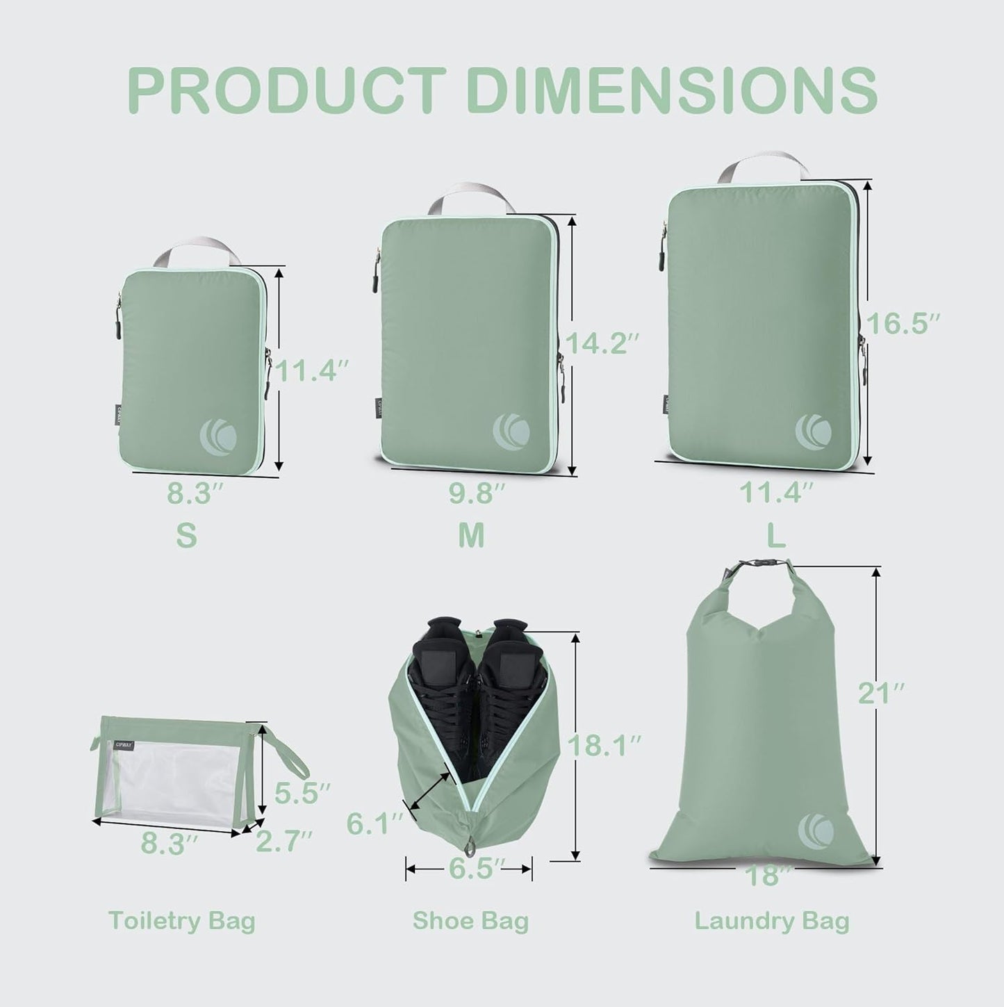 Cipway Compression Packing Cubes, Lightweight Travel Luggage Organizers with Shoe, Toiletry & Laundry Bags, Travel Essentials for Carry-on Suitcase (8 Piece, Sage Green)