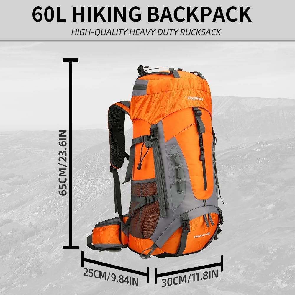 King'sGuard 60L Hiking Backpack Large Waterproof Camping Backpack for Men and Women Lightweight Frameless Backpacking Backpack with Rain Cover (Orange)