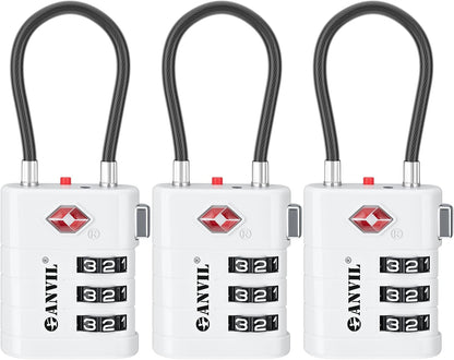 ANVIL TSA Approved Luggage Locks – High Security TSA008 Combination Travel Locks with Inspection Indicator for Suitcases and Backpacks. (3, White)