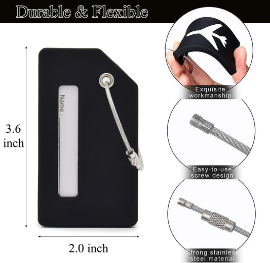 6 Pack Silicone Luggage Tag for Suitcases with Stainless Loop, Privacy Protection Travel Bag Tags Perfect to Quickly Spot Baggage Handbag (Black)