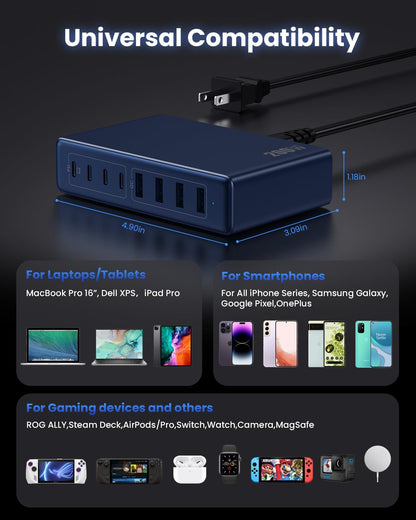 200W USB C Charger Block,GaN IV Charging Station 8 Ports,QC4.0 Fast Charging Station Hub+PD 65W USB C Laptop Charger Adapter Compatible with MacBook Air/Pro,DELL,iPhone 16/15,iPad,Steam Deck-Deep Blue