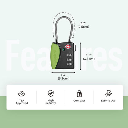 pack all TSA Approved Cable Luggage Locks, 3 Digit Combination Padlocks, Travel Lock for Suitcases & Bag, Alloy Body, Travel Accessories (1 Pack)（Apple Green）