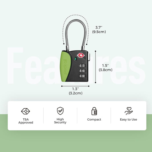 pack all TSA Approved Cable Luggage Locks, 3 Digit Combination Padlocks, Travel Lock for Suitcases & Bag, Alloy Body, Travel Accessories (4 Pack)（Apple Green）
