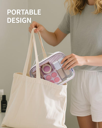 Narwey TSA Approved Clear Toiletry Bag for Travel, Waterproof PVC Clear Makeup Bags, Portable Compact Cosmetic Bag Make Up Organizer, Airport Airline Quart Size Compliant Bag (Dusty Pink Stripe)