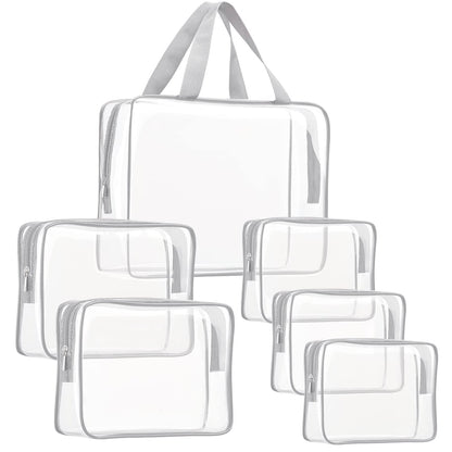 6Pcs Crystal Clear PVC Travel Toiletry Bag Kit for Women Men, Waterproof Vinyl Packing Organizer Storage Bags with Zipper Handle Straps, Cosmetic Pouch Carry on Airport Airline Compliant Bag Handbag
