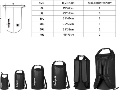 Unigear Dry Bag Waterproof, 2L/5L/10L/20L/30L/40L Floating and Lightweight Bags for Kayaking, Boating, Fishing, Swimming and Camping with Waterproof Phone Case