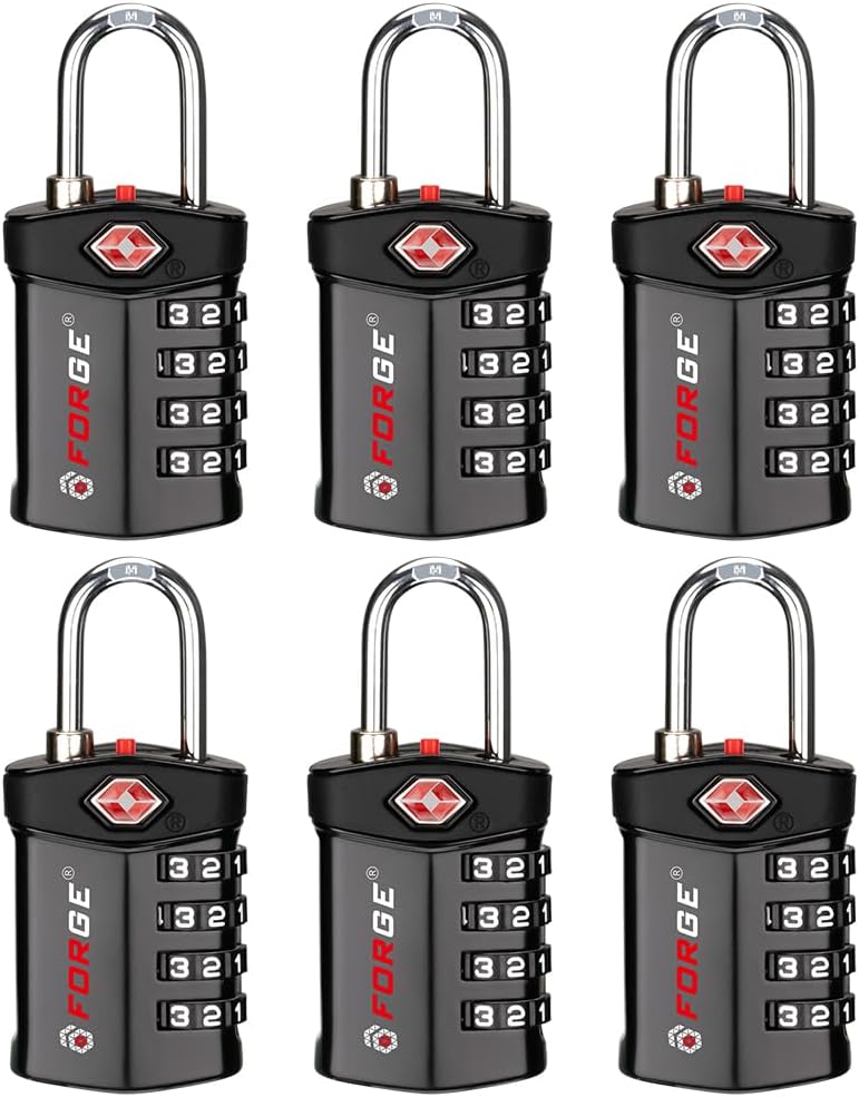 Forge TSA Approved Luggage Locks for Air Travel, Gym Lockers, School Lockers, Pelican Cases, Easy Read Dials, Durable Alloy Body, Black 6 Pack.
