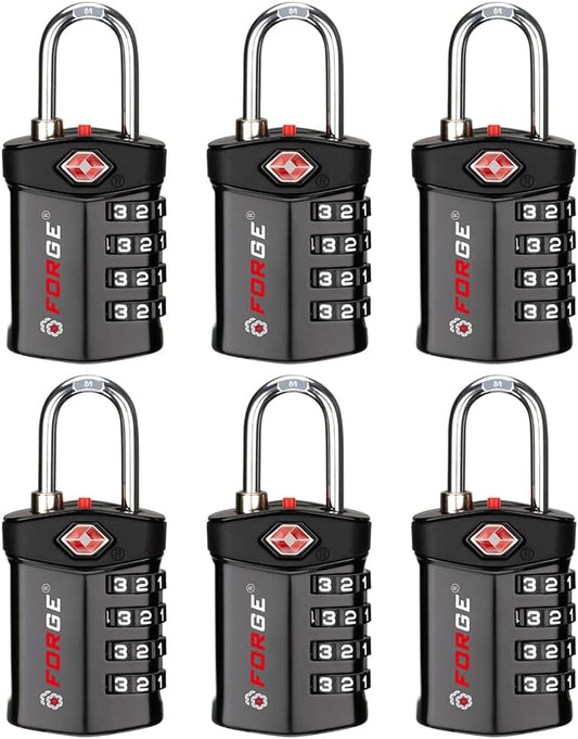 Forge TSA Approved Luggage Locks for Air Travel, Gym Lockers, School Lockers, Pelican Cases, Easy Read Dials, Durable Alloy Body, Black 6 Pack.