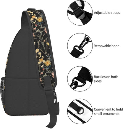 SUPLUCHOM Sling Bag Wildflower Botanical Butterfly Flower Hiking Daypack Crossbody Shoulder Backpack Travel Chest Pack for Men Women