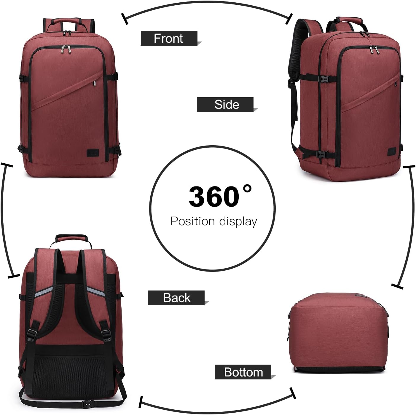 Kono Carry on Backpack, 22" Airplane Approved Travel Backpack for Men and Women, Waterproof Lightweight Daypack for Flight 40L (Burgundy Red, Large)