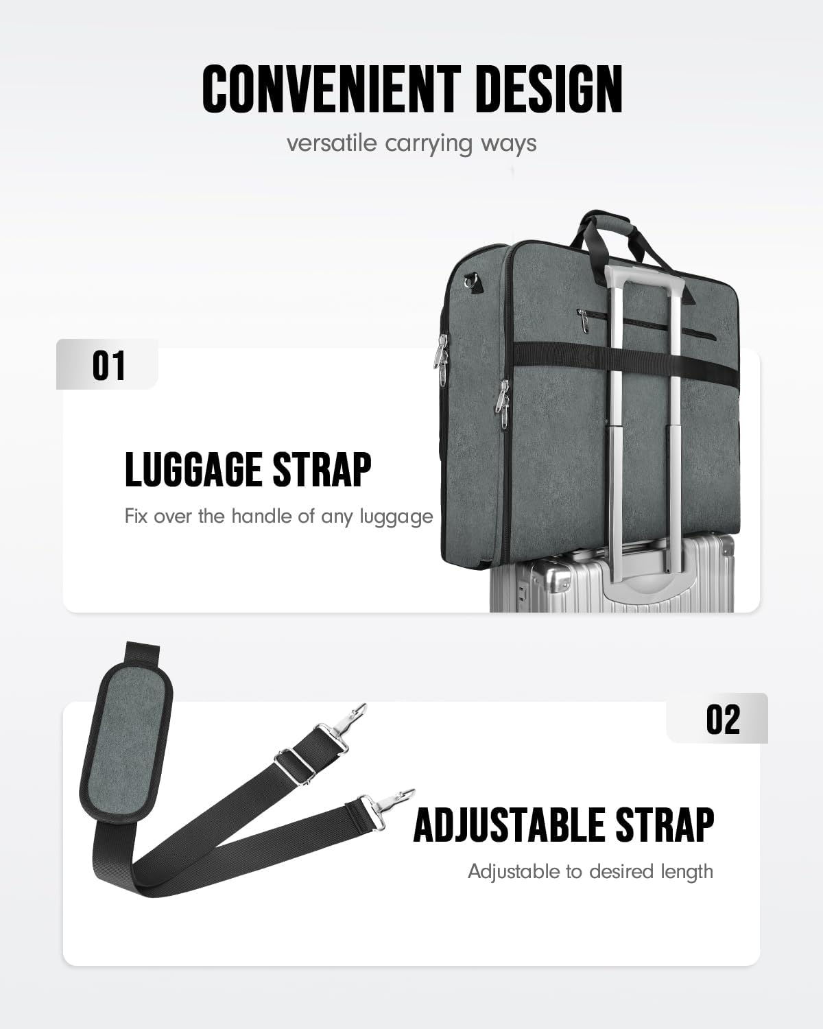 MATEIN Travel Garment Bag, Double Layer Folding Suit Bag with Adjustable Strap for Business Trips, Large Waterproof Wrinkle Free 2 in 1 Hanging Suitcase Cover Luggage for Shirts Dresses Coats, Grey