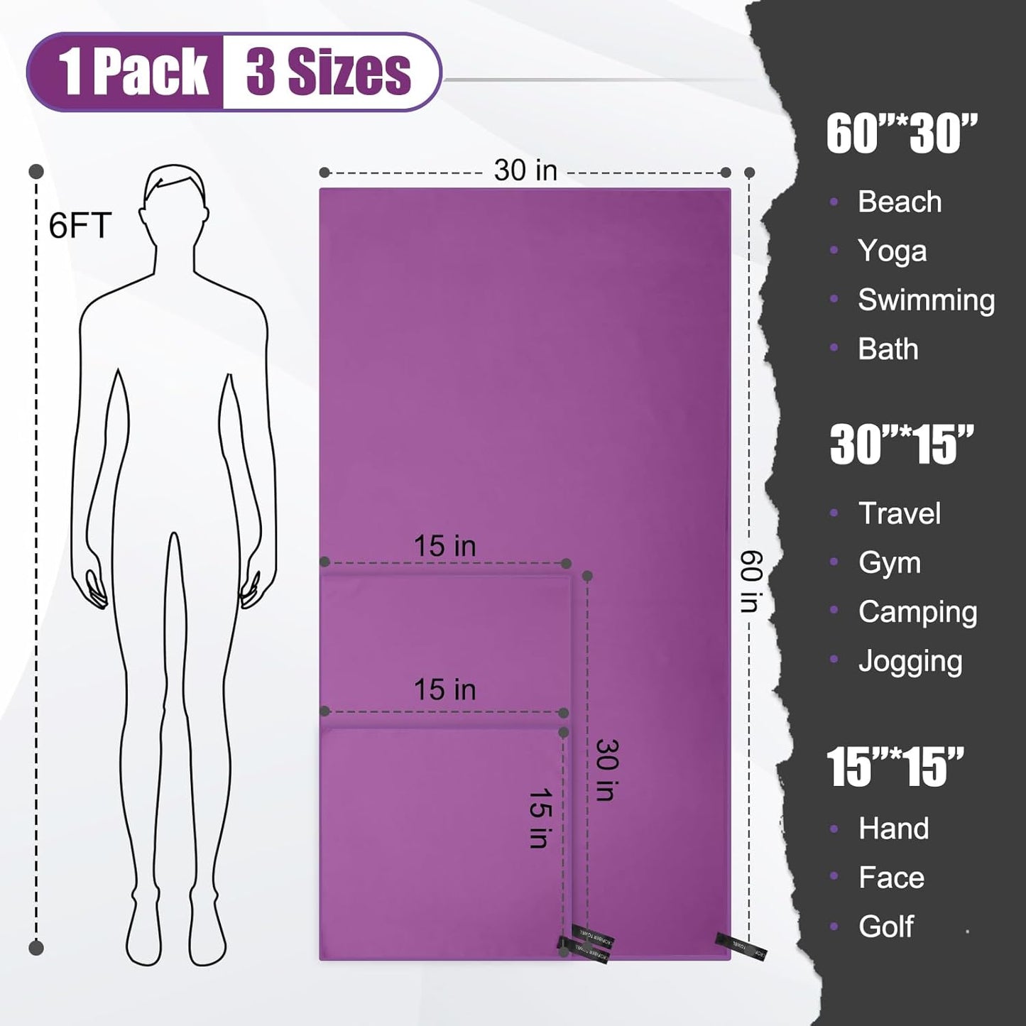 Quick Dry Travel Towel, 3 Sizes 1 Pack Camping Microfiber Towel, Lightweight Fast Drying Towels Set 60"x30", 30"x15", 15"x15" w/Bag for Gym, Beach, Hiking, Swimming, Purple