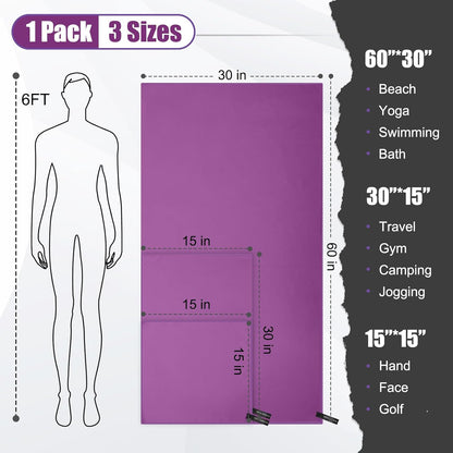 Quick Dry Travel Towel, 3 Sizes 1 Pack Camping Microfiber Towel, Lightweight Fast Drying Towels Set 60"x30", 30"x15", 15"x15" w/Bag for Gym, Beach, Hiking, Swimming, Purple