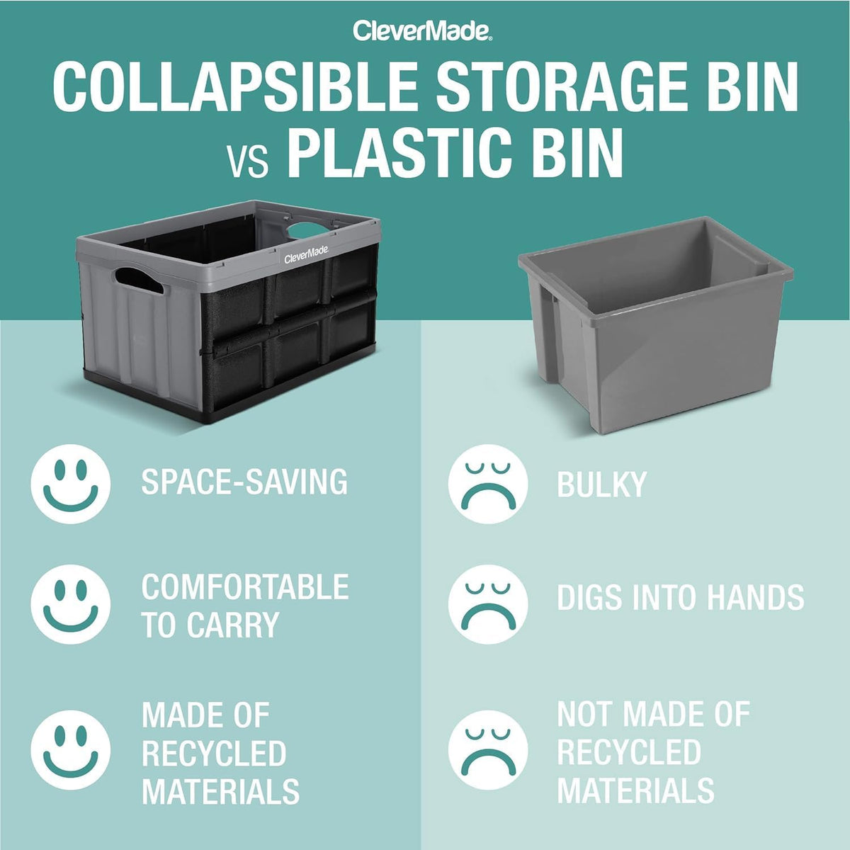 CleverMade Collapsible Storage Bins - Obsidian 3 Pack 32L - Stackable Containers Heavy Duty Capacity Folding Crates - Space-Saving for Home