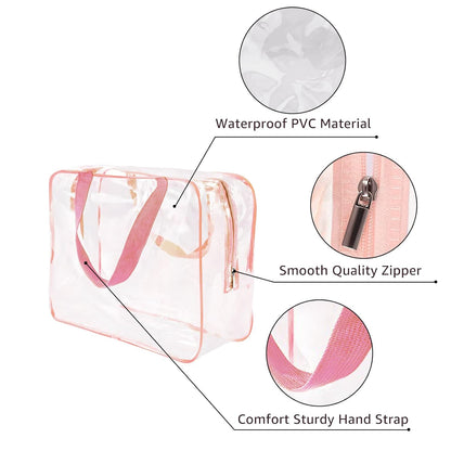 3Pcs Crystal Clear PVC Travel Toiletry Bag Kit for Women Men, Waterproof Vinyl Packing Organizer Storage Bags with Zipper Handle Straps, Cosmetic Pouch Carry on Airport Airline Compliant Bag Handbag