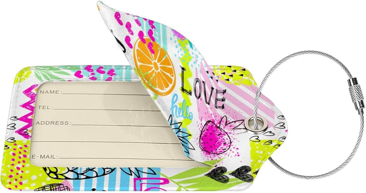 2 Pieces Funny Fruits Luggage Tags for Suitcases Women Girls, Colorful Bag Tags with Pineapple, Strawberry, Love Pattern, Cute Leather Labels Privacy Protection Travel Tag