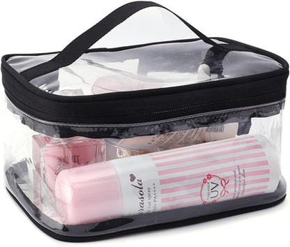 Black Transparent Cosmetic Bag Waterproof Handbag Portable Travel Work Make Up Kit Double Zipper Storage Bag, 2 PCS