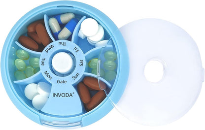 INVODA Weekly Pill Organizer 7 Compartment Rotating Pill Box for Daily Medication & Vitamins - Portable Travel Pill Case Fish Oil Supplements Vitamins Organizer (Green+Blue)