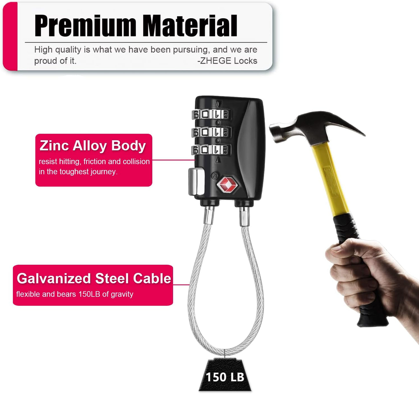 ZHEGE Luggage Lock TSA Approved 3 Digit Travel Cable Padlock with Alloy Body for Suitcase, Baggage, Backpack, Pistol Case (Black)