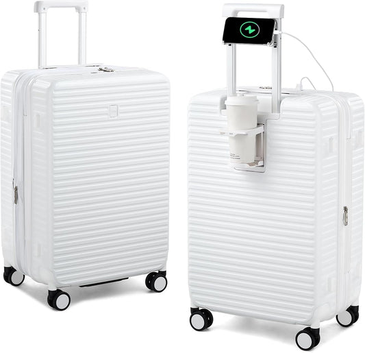 Hard Shell Suitcases Travel Expandable Luggage, 24 Inch Check in Luggage with Spinner Wheels Cup Holder Charger Built in, Checked Medium Suitcase Lightweight Suitcases, White