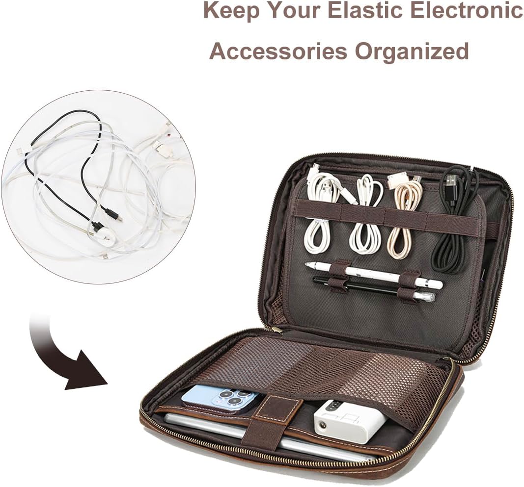 LANNSYNE Full Grain Leather Electronic Organizer Accessory Travel Tech Pouch, Cable Accessories Bag, Storage Carry Case for Charger, Phone, Power Bank, Cables