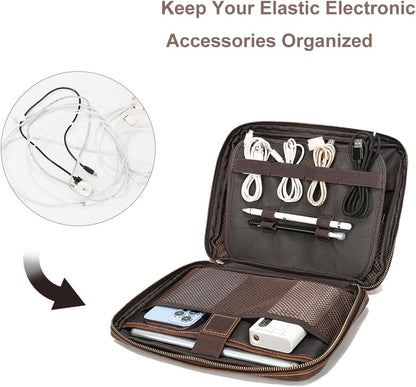 LANNSYNE Full Grain Leather Electronic Organizer Accessory Travel Tech Pouch, Cable Accessories Bag, Storage Carry Case for Charger, Phone, Power Bank, Cables