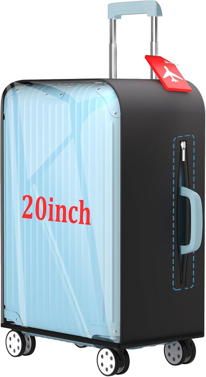 Upgraded Clear TPU Suitcase Cover Protector with Stretchable Black Sides, Fit 20 Inch Carry On Luggage TSA Approved, Waterproof & Anti-Scratch, Includes Free Red Luggage Tag