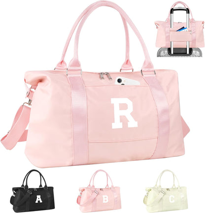 Initial Travel Duffel Bag Sports Gym Bag for Girls Teen Birthday Gifts,Pink Personalized Weekender Bag Carry On Tote Bags for Women Men,Waterproof Overnight Luggage Bag with Trolley Sleeve(Letter R)