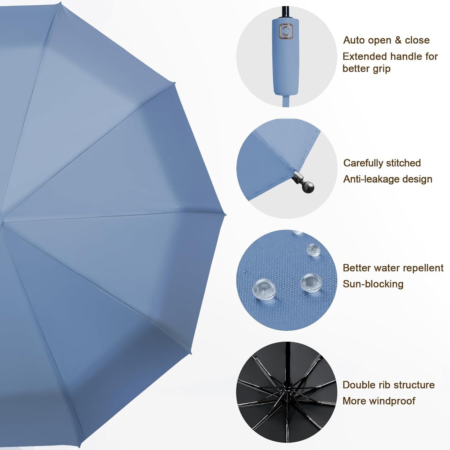 2-Pack Windproof, Waterproof, UV-Blocking Portable Travel Umbrella, Compact Sun & Rain Folding Umbrella, Double Rib Structure, Large Auto Open and Close Car Umbrella