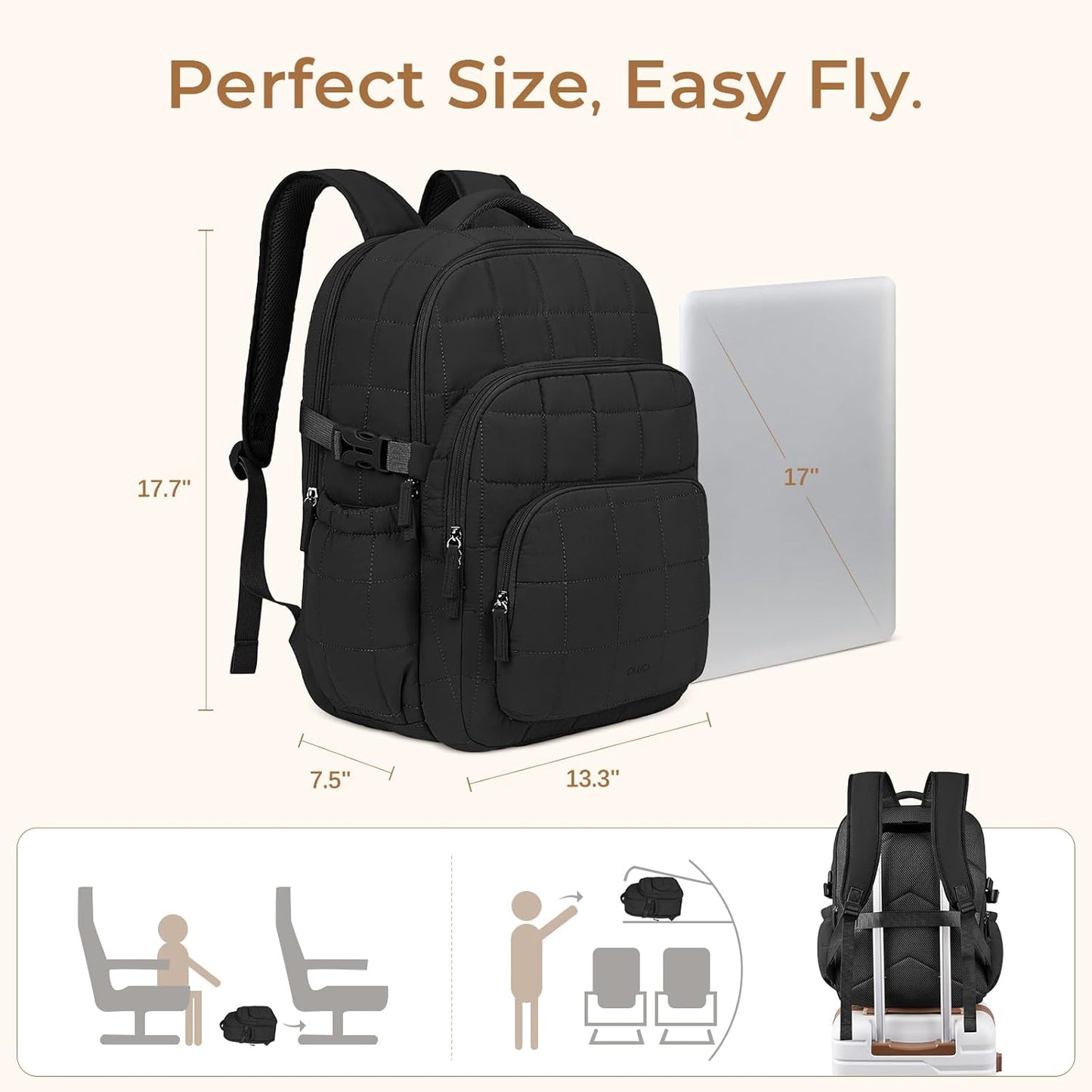 CLUCI 17.3 Inch Laptop Backpack for Women, Anti Theft Travel Backpack, Puffer Quilted Work Backpack, Water Resistant College Bookbag, Carry on backpack with RFID (Black)