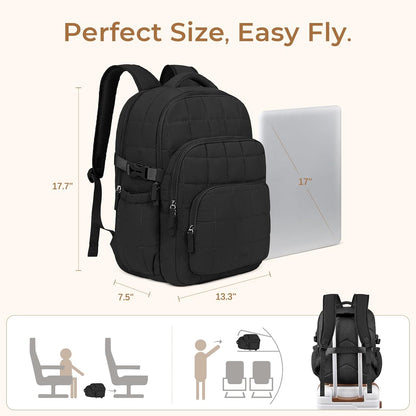 CLUCI 17.3 Inch Laptop Backpack for Women, Anti Theft Travel Backpack, Puffer Quilted Work Backpack, Water Resistant College Bookbag, Carry on backpack with RFID (Black)