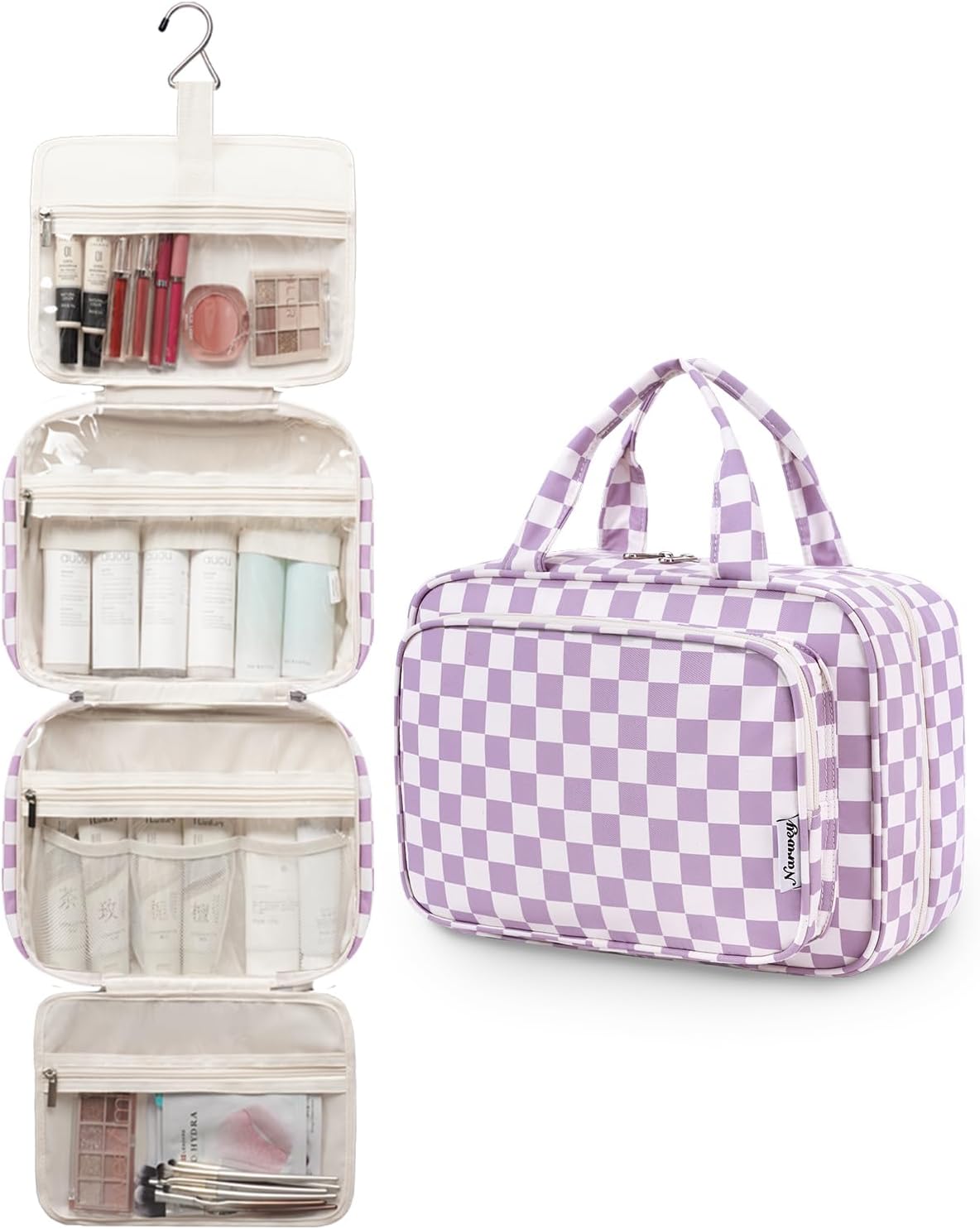 Narwey Travel Toiletry Bag for Women Large Hanging Makeup Bag Organizer Toiletries Bag for Full Size Essentials Accessories Cosmetics (Purple Checkerboard (Large))