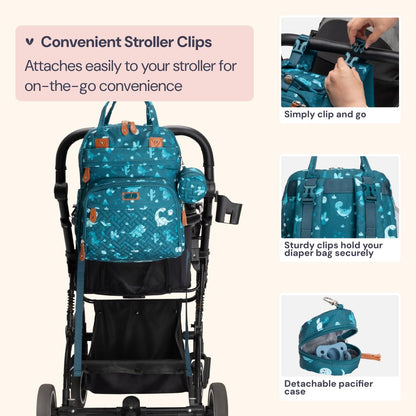 BabbleRoo Diaper Bag Backpack - Baby Essentials Travel Tote - Multi Function Water Resistant Diaper Bag, Travel Essentials Baby Bag with Changing Pad, Stroller Straps & Pacifier Case - Unisex, Dino