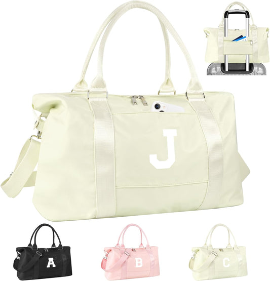 Initial Travel Duffel Bag Sports Gym Bag for Kids Teen Birthday Gifts,Beige Personalized Weekender Bag Carry On Dance Bags for Women Men,Waterproof Monogram Overnight Bag with Trolley Sleeve(Letter J)