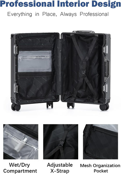 HotWay 20 Inch Aluminum Frame Carry On Luggage with Spinner Wheels, PC Hard Shell Suitcase with Cup Holder, Zipperless Luggage for Business Travel, Gray