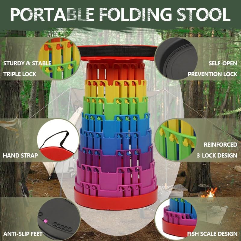 JAEMEYEM Collapsible Stool Chair, Upgraded Folding Stool for Adults Lightweight, Sturdy, Adjustable, Portable, Foldable Seat Sturdy Stools for Outdoor Camping Fishing Hiking Gardening BBQ