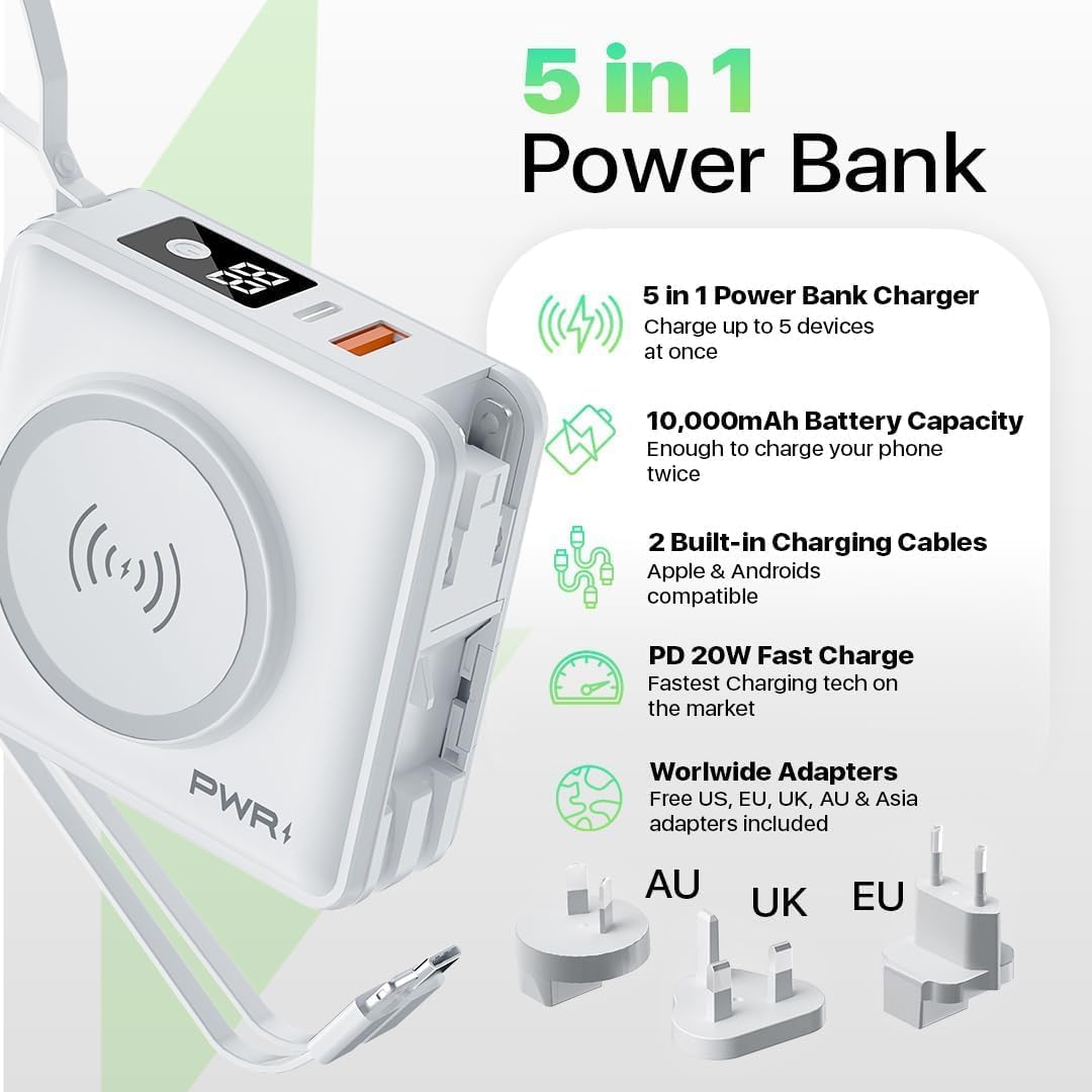 PWR Travel PRO 5-in-1 Power Bank with Case Included – 10,000mAh with Built-in Cables – 20W USB-C + 15W Wireless Charging – Compact Portable Charger for iPhone & Android - White