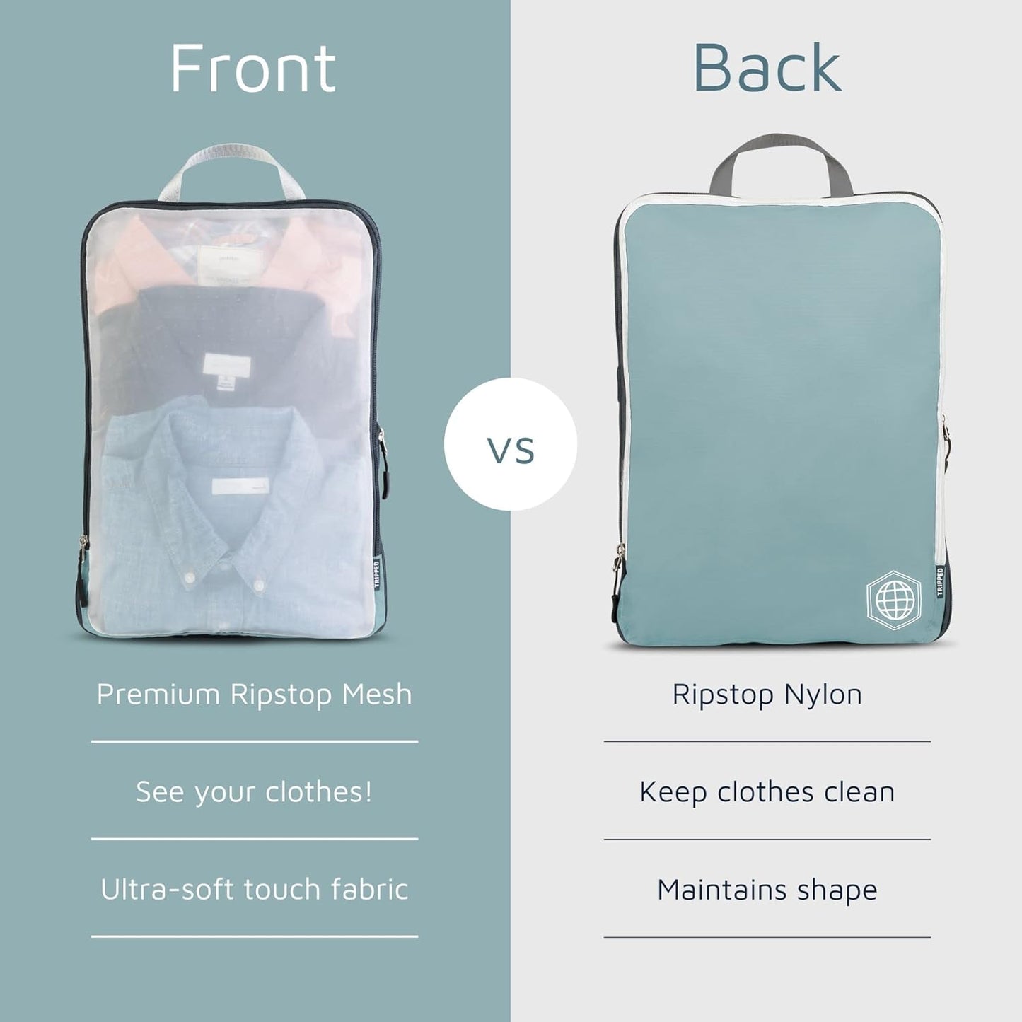 Large Packing Cube Set with See Through Mesh- Compression Packing Cubes Travel Organizers by TRIPPED Travel Gear (Dusty Teal)