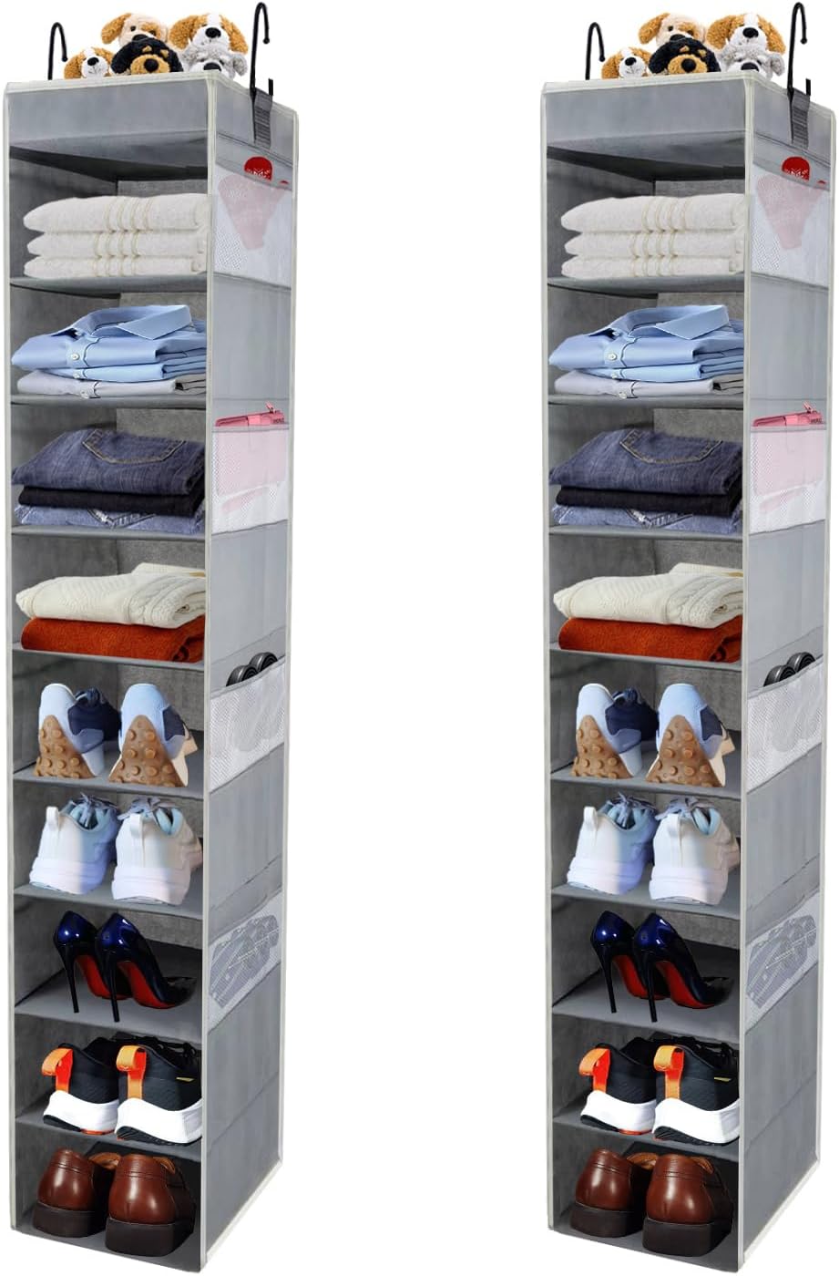 2 Pack Large-Sized Hanging Shoe Organizer 10-Shelf, Sturdy Hanging Closet Organizer with 8 Side Pockets, Wider Hanging Shelves for Storage Shoes Clothes Jeans Shirts Toys, Grey.