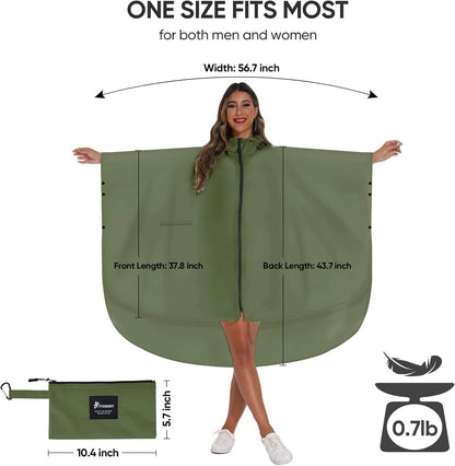 PTEROMY Hooded Rain Poncho for Adult with Pocket and Zipper, Waterproof Lightweight Raincoat for Men and Women