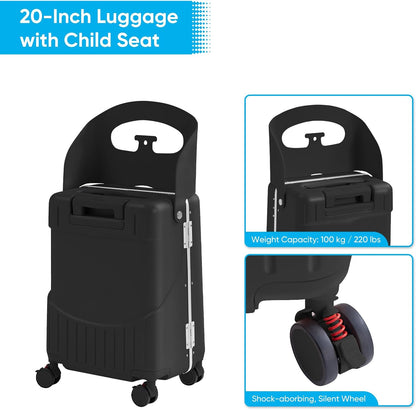 TABU 20" Ride-on Luggage with Seat For Kids & Adults，Carry On Hardshell Ride On Suitcase with 360° Lockable Spinner and TSA Lock, Black