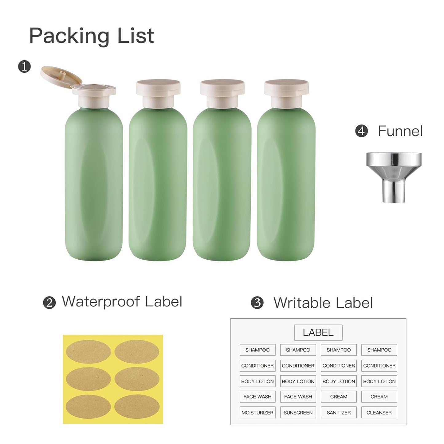 6.7oz Travel Shampoo Bottle, Empty Plastic Squeeze Bottles with Flip Cap, 4PCS Lotion Container for Toiletries (200ml, Green)