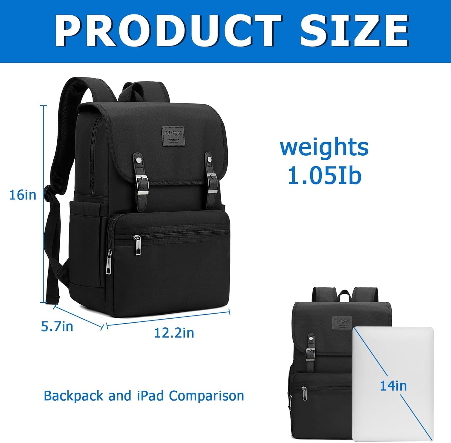 HFSX Vintage College Laptop Backpack for Women & Men - with USB Charging Port (Black, Fits 15.6 inch Notebook)