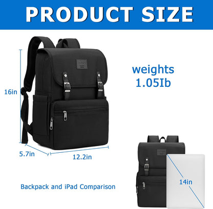 HFSX Vintage College Laptop Backpack for Women & Men - with USB Charging Port (Black, Fits 15.6 inch Notebook)