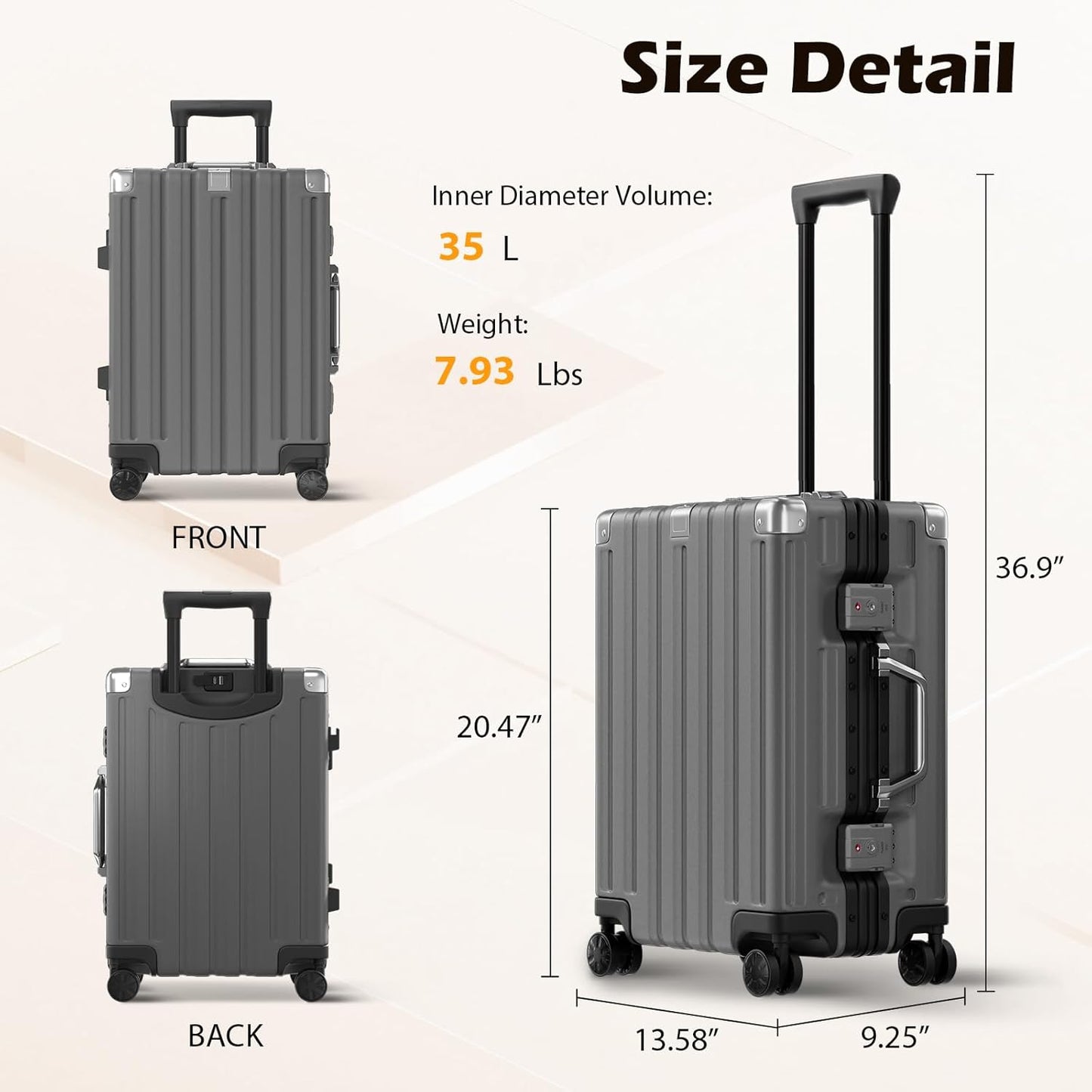 Krute Aluminum Frame Carry On Luggage 20 Inch Zipperless Luggages USB Charger Hardside PC Suitcase With Spinner Wheels Airline Approved Hard Shell Suitcases with TSA Lock (1 Piece)