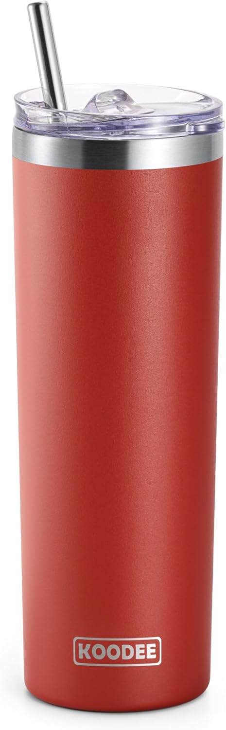 koodee Coffee Tumbler 20 oz Stainless Steel Double Wall Vacuum Insulated Skinny Tumbler with Lid and Straw, Beach Cup for Women and Girls(Canyon Red)