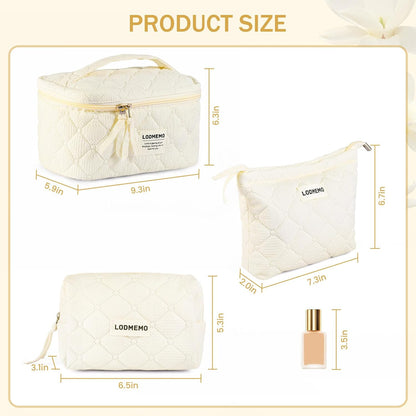 Makeup Bag 3 PCS Cosmetic Bags for Women, Large Travel Make up Bag Set Cute Cotton Toiletry Bag Organizer Pouch for Purse, Beige