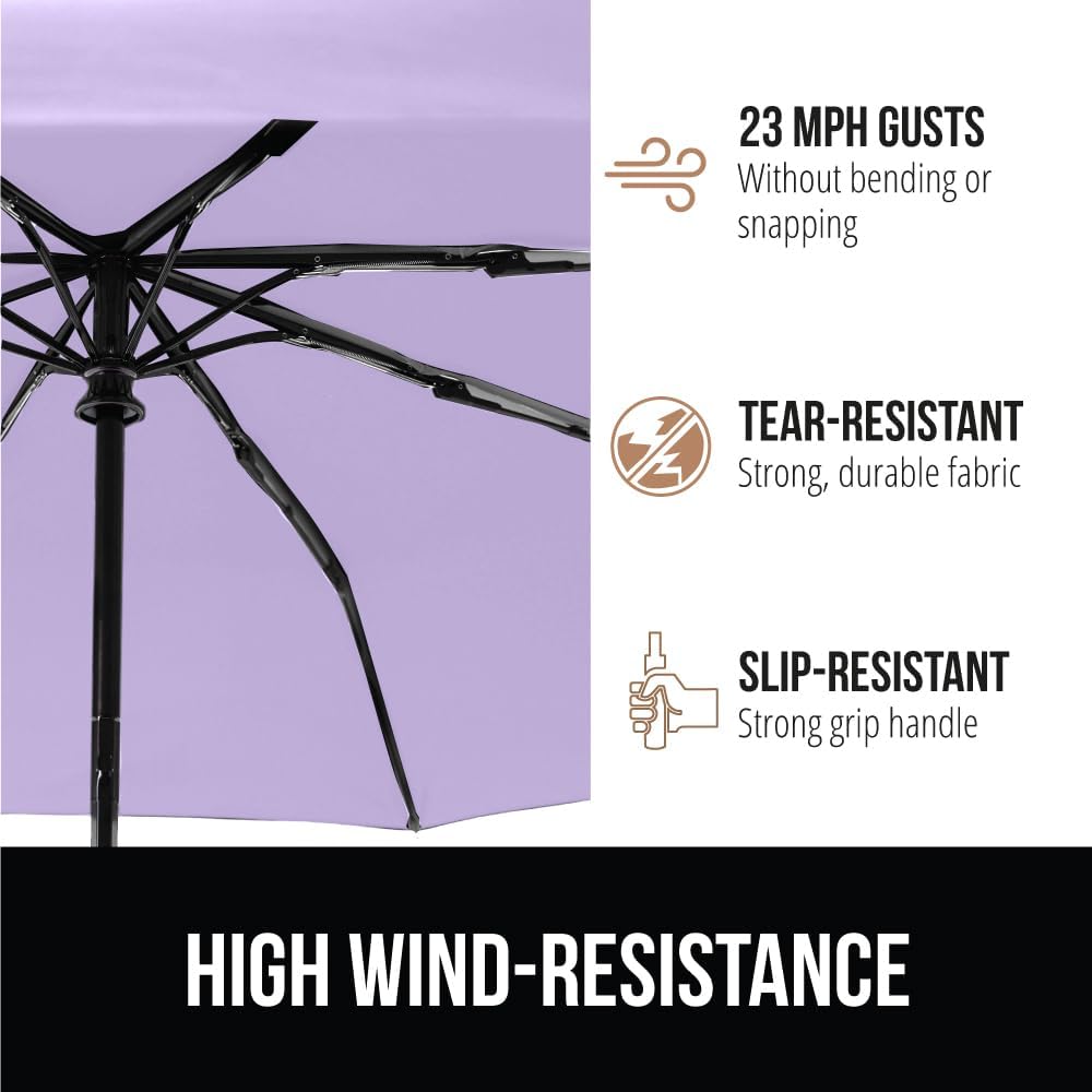 GORILLA GRIP Strong Stick Umbrella for Rain, Compact Travel One-Click Automatic Open Close, Lightweight, Portable, US Designed Reinforced Fiberglass Ribs, Wind Resistant, Easy Collapse, Purple